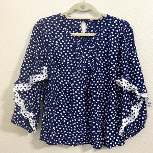 Soft Surroundings Womens Blouse Small Blue Polka Dot Kimono Sleeve 2DX01